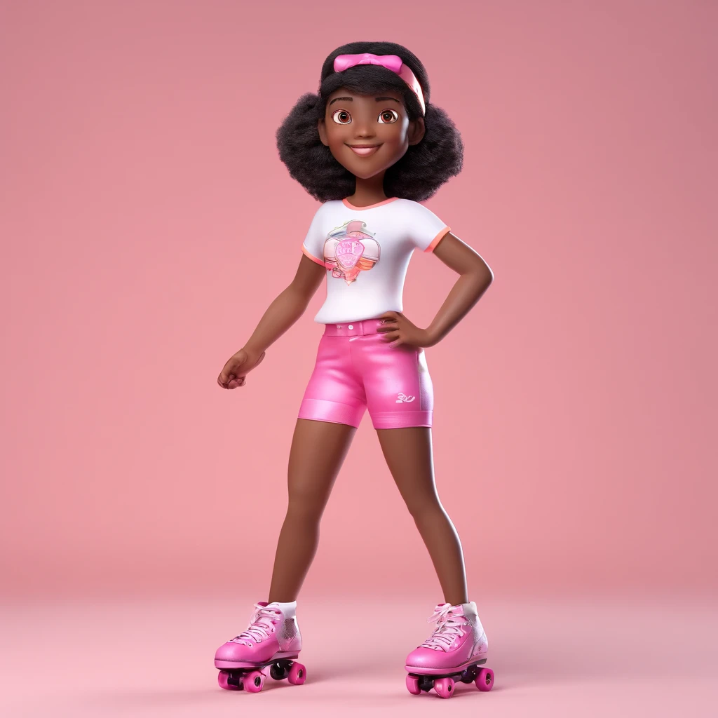 crie uma personagem de 7 anos, pele morena clara, cabelo longo preto com franja, olhos castanho escuro, vestida de short rosa e blusa branca, Wearing pink roller skates on her feet