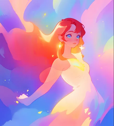 beautiful girl in colorful ballgown, long flowing red hair with golden highlights, vibrant pastel colors, (colorful), colorful watercolor background, ethereal, magical lights, sparkling liquid light, inspired by Glen Keane, inspired by Lois van Baarle, dis...