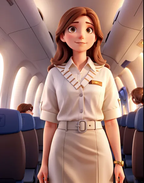 A wise young white woman with brown hair, cabelo longo, Standing in front, Flight attendant illuminated by the light of a lamp, Against the backdrop of an airplane