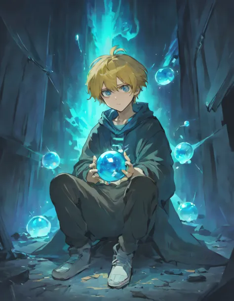 1boy, orphan, sitting on ground, holding a glowing blue pearl, shocked, shabby cloths, looking at the Perl, solo, full body, yellow eyes, sitting on ground, garbages around him, messy hair, black hair, ripped old cloth