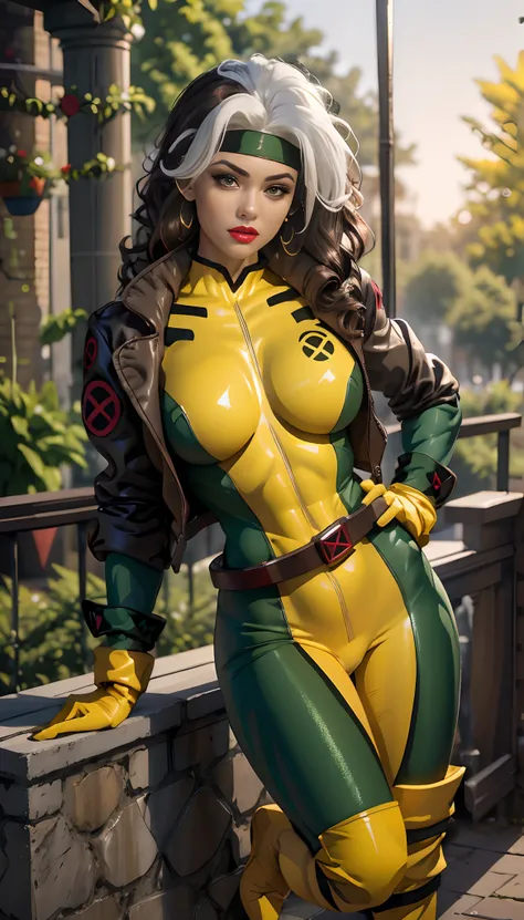 cartoon_x_mens_rogue,ownwaifu, full body view, long hair, brown hair, green eyes, lipstick, makeup, lips, white stripe in hair, ...