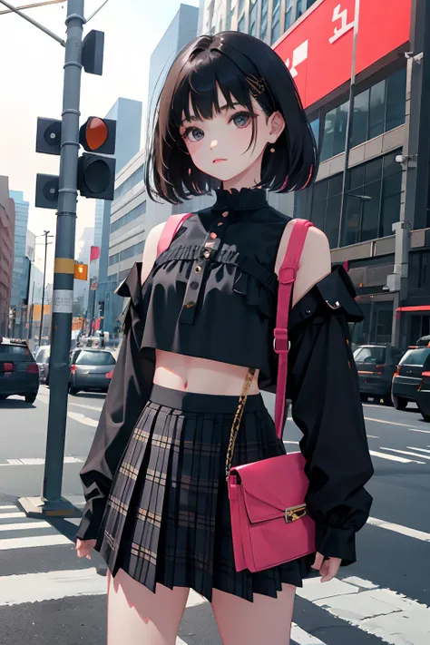 (child)，（​masterpiece，Highest Quality），Black blouse，Crop Top Look，plaid skirts，Bag，A dark-haired，crosswalk