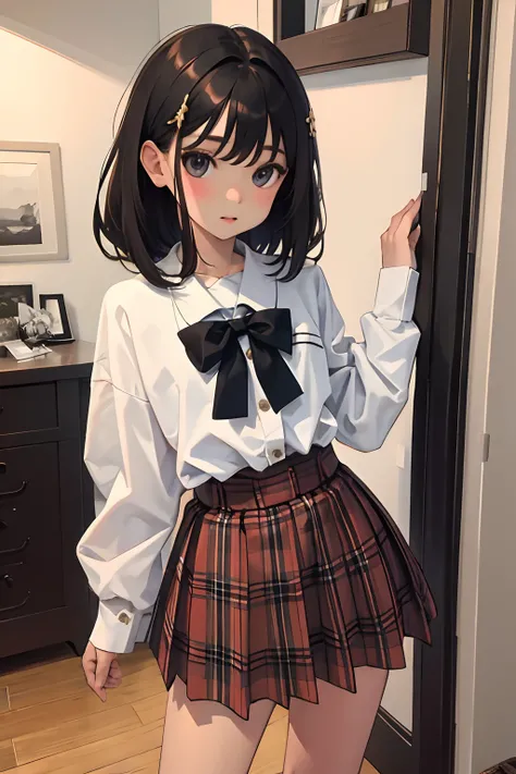 child，（​masterpiece，Highest Quality），Brown Parker，plaid skirts，A dark-haired