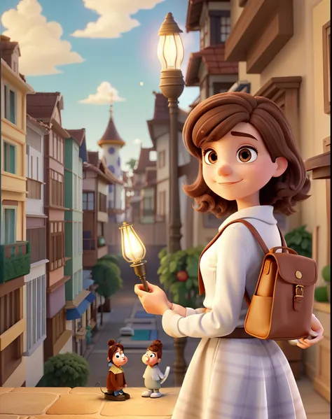 Imagem estilo PIXAR, A wise young white woman with brown hair, cabelo longo, Standing in front, illuminated by the light of a lamp, contra o pano de fundo da Disney