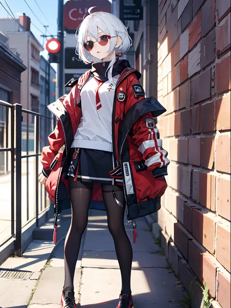 1girl, red and white hair, straight hair, clock, bomber, full body, blink, sun glasses, heatwavs