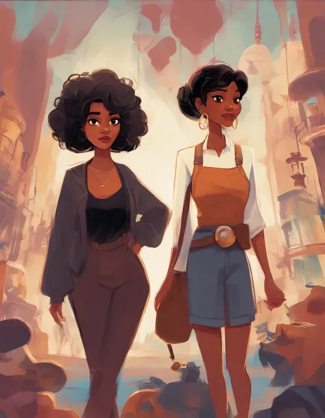 create disney pixar style poster couple of two women, one white, big black hair and bangs, brown eyes, black shirt. the other woman short curly hair, hoop earrings, brown skin, moles on her face near her eyes, short stature