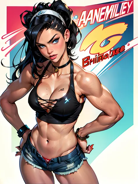 (high quality, best rendering), (beautiful girl), Blue Eyes, ((black long straight hair)),(bombshell, pin-up style), psychopath, crazy face, sexy pose, jean short shorts, tank top, pastel, centered, scale to fit dimensions, micro thong, micro bikini, camel...