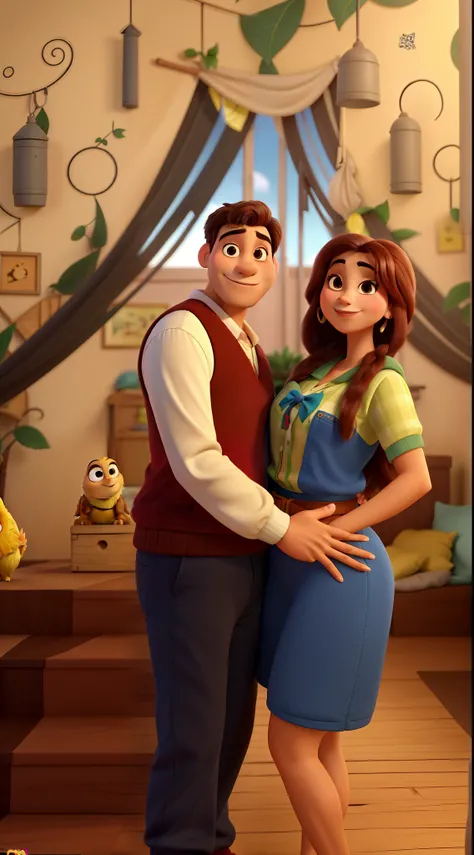 Casal, homem e mulher, felizes e magros, estilo disney pixar, ao fundo lindas cachoeiras  alta qualidade, melhor qualidade