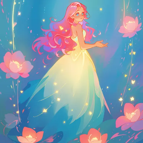 beautiful girl in flowing gradient layered ballgown, flowing pink hair, blue watercolor background, glowing lights and red flowers border, whimsical fantasia and flowers background, vibrant pastel colors, (colorful), magical lights, magical flowers, flower...