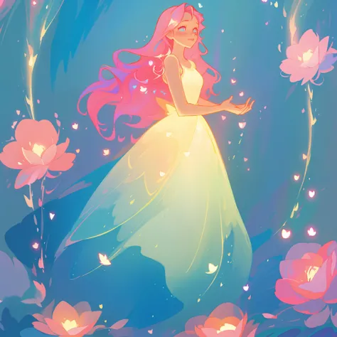 beautiful girl in flowing gradient layered ballgown, flowing pink hair, blue watercolor background, glowing lights and red flowers border, whimsical fantasia and flowers background, vibrant pastel colors, (colorful), magical lights, magical flowers, flower...