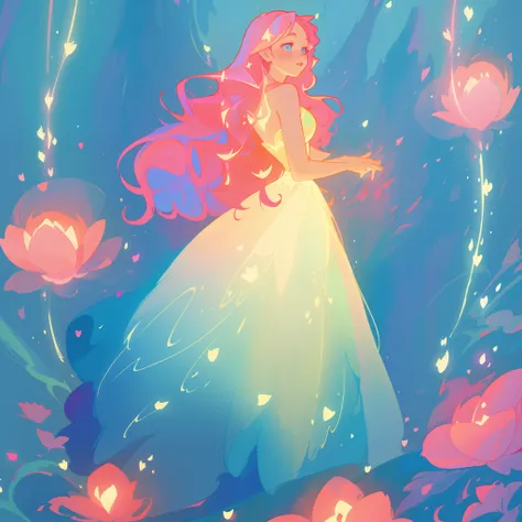 beautiful girl in flowing gradient layered ballgown, flowing pink hair, blue watercolor background, glowing lights and red flowers border, whimsical fantasia and flowers background, vibrant pastel colors, (colorful), magical lights, magical flowers, flower...