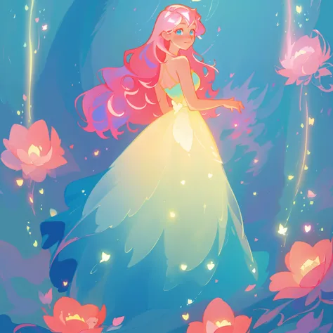 beautiful girl in flowing gradient layered ballgown, flowing pink hair, blue watercolor background, glowing lights and red flowers border, whimsical fantasia and flowers background, vibrant pastel colors, (colorful), magical lights, magical flowers, flower...