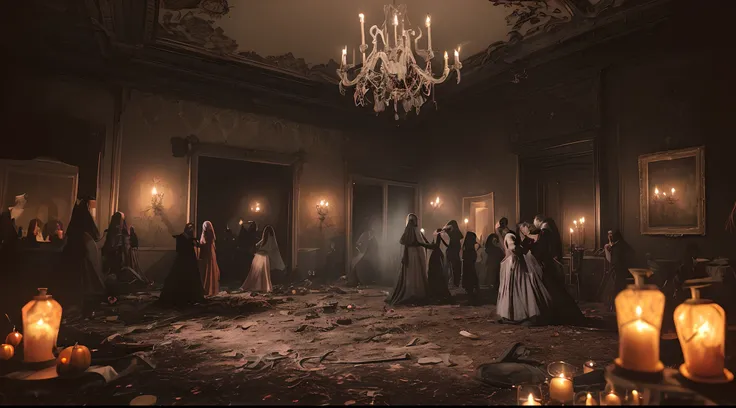 Create a chilling oil painting of a Halloween party in a spooky, abandoned mansion. The scene should depict energetic costumed revelers dancing under the moonlight, with cobwebs and eerie decor all around. Use a mysterious, flickering candlelight and color...