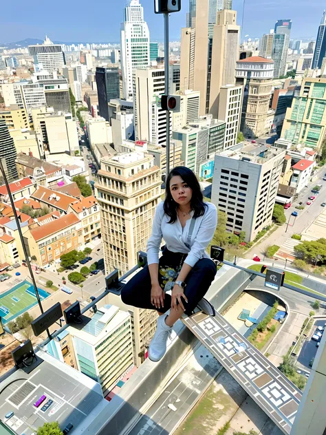 araffe sitting on a ledge in a high rise building overlooking a city, standing on a skyscraper rooftop, sitting on a skyscraper rooftop, stood on top of a sky scraper, perched on a skyscraper, Caminhando no topo de uma pequena cidade, Tiro Giantess altamen...