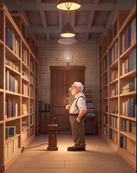 A wise old man standing in front, illuminated by the light of a lamp, against the backdrop of a library