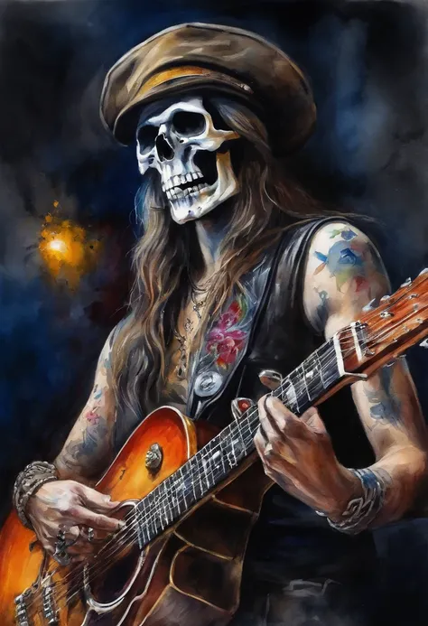 caveira,music,metal,high quality,8k,(metalhead:1.1),detailed skull,dark color tone,vivid colors,detailed guitar,concert lighting,music festival