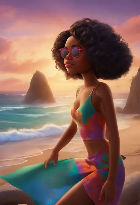 personagem da disney pixar, menina negra  de cabelos ondulados na praia de oculos e sorrindo