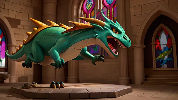 there is a large dragon statue in a building with a stained glass window, dragon in dragon lair, i just saw a huge dragon, sfw version, dragon in the background, dragon kissing, colossal dragon in background, dragon vore, charging through a dragons lair, d...