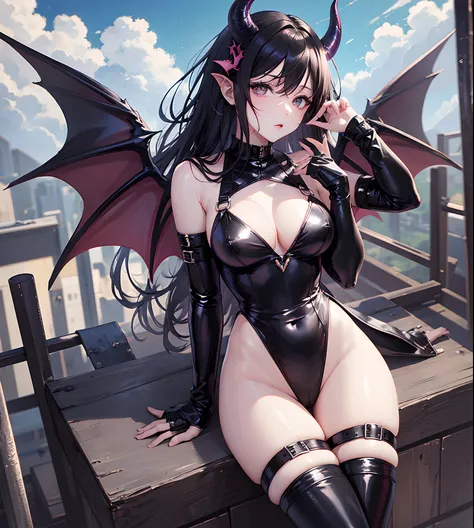 Succubus, little horn, on the back bat wings, pale skin, totally black eyes, anime style, wide hip, extreme beauty, full body, black leather leotard, farm background --auto --s2