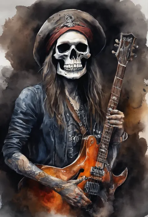 caveira,music,metal,high quality,8k,(metalhead:1.1),detailed skull,dark color tone,vivid colors,detailed guitar,concert lighting,music festival