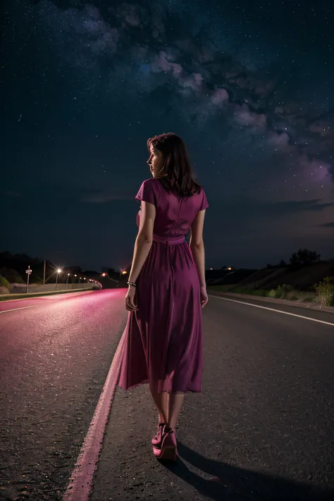 Create a realistic image with a woman in a magenta dress walking on a road against the starry horizon. The image conveys the idea of ​​a shared path and confidence in the future, with a mystical air.