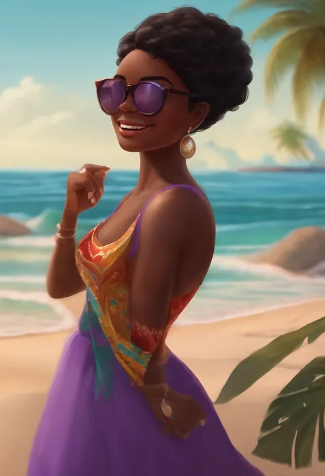 inspirado na disney pixar , menina negra cabelo liso, de oculos na praia sorrindo dentes lindos