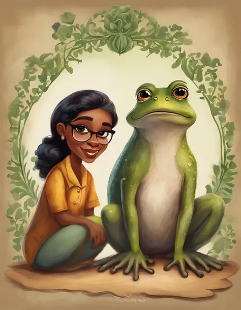 create a poster styled after the Disney Pixar movie The Princess and the Frog, a same-sex couple of two women, one white, big black hair and bangs, brown eyes, black shirt with a pet raccoon on her shoulder. the other woman has short, curly hair tied into ...