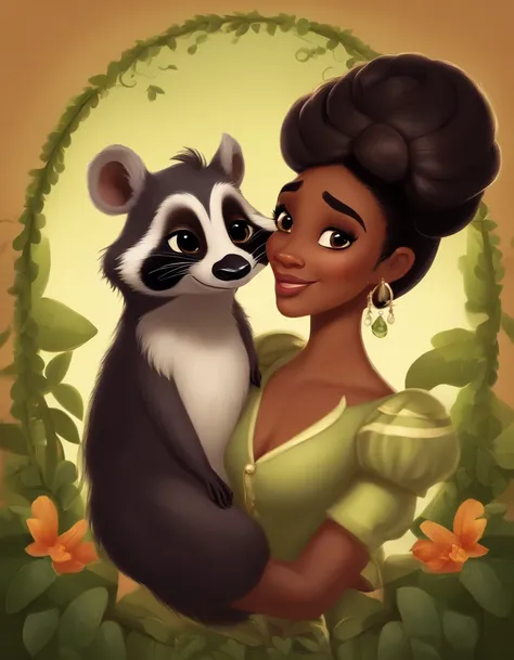 create a poster styled after the Disney Pixar movie The Princess and the Frog, a same-sex couple of two women, one white, big black hair and bangs, brown eyes, black shirt with a pet raccoon on her shoulder. the other woman has short, curly hair tied into ...