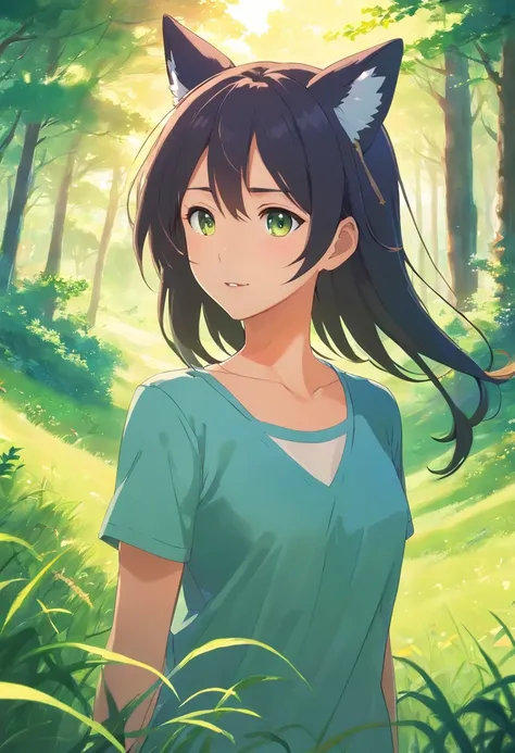 A pretty anime girl, that its under the sun light in the hill, rounded by a lot of green grass, and som trees, and a bit of wind its moving her hair, she has, black hair, and fox ears, it a semi-human, semi-fox, she, its not showing too much skin, its very...