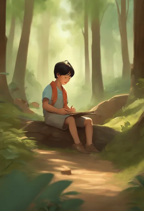 theres a boy whos playing in the woods, painting digital adorable, expressando alegria. Directed by: Krenz Cushart, Arte infantil em Artstation, garoto feliz, desfrutando de um passeio na floresta, inspirado em Goro Fujita, Directed by: Yeong-Hao Han, Jaey...