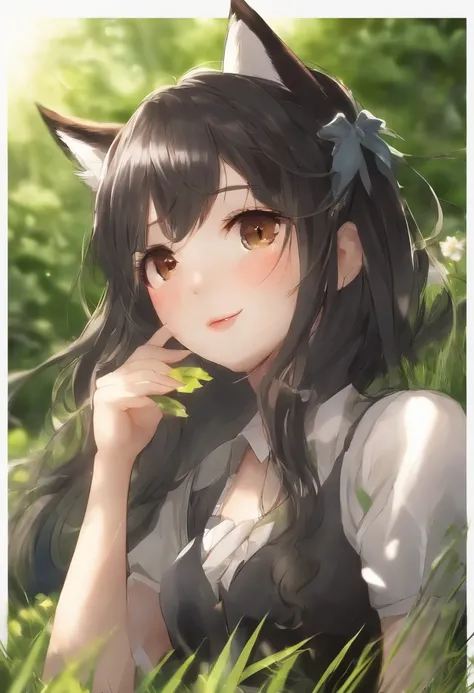 A pretty anime girl, that its under the sun light in the hill, rounded by a lot of green grass, and som trees, and a bit of wind its moving her hair, she has, black hair, and fox ears, it a semi-human, semi-fox, she, its not showing too much skin, its very...