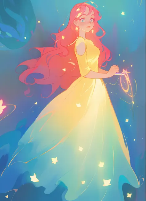 beautiful girl in flowing gradient layered ballgown, flowing pink hair, sparkling gold aqua blue gradient dress, whimsical fantasia and flowers background, vibrant pastel colors, (colorful), magical lights, magical flowers, flowers, glowing lights, red pin...