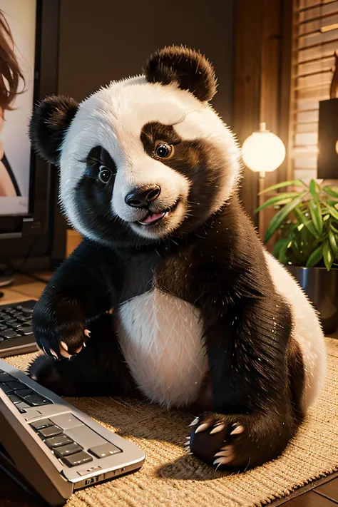 panda,computer,Pixar style,adorable,bamboo,masterpiece:1.2,cute,lovable,fun-loving,wonderful colors,vivid details,detailed environment,expressive eyes,talented artist,painting,animated,playful,paw on keyboard,creative,cheerful,highly detailed fur,pixel per...