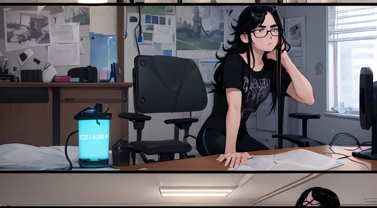 Neon glow, directional lighting, highres, masterpiece, 8k, (dark blue eyes with dark circles), tired, annoyed expression, sitting at a desk in front of a laptop computer, hunched posture, black hair, (messy hair), long greasy hair, sweaty, disheveled, unwa...