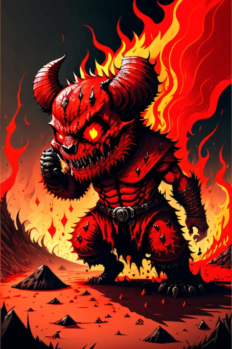 A monster from hell, with bright red eyes, a frightening and monstrous look. His clothes are torn and bear traces of his recent battles, the ground is made of molten lava.