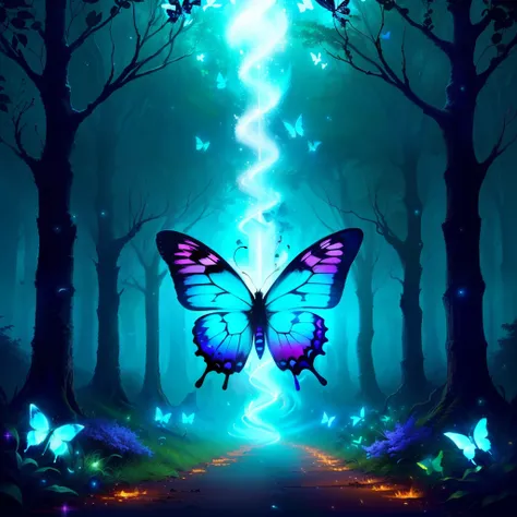 Butterflies (vibrant, fiery) blue effects (powerful, mesmerizing) brilliant blue spells, within a mystical forest (mysterious enchanted). magical butterflies, neon effects, 4k, flying through a magical forest