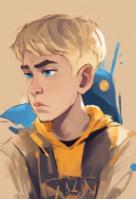 Pixar style of a boy with beige skin, short blond hair, blue eyes, black sweatshirt and golden background