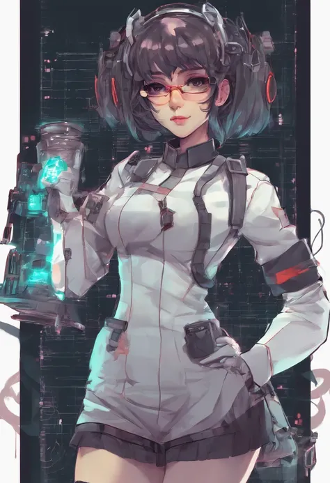 Lolita Glasses Girl Cyberpunk Style Tight Nurse Uniform Holding a mechanical rabbit and holding a scalpel in her hands