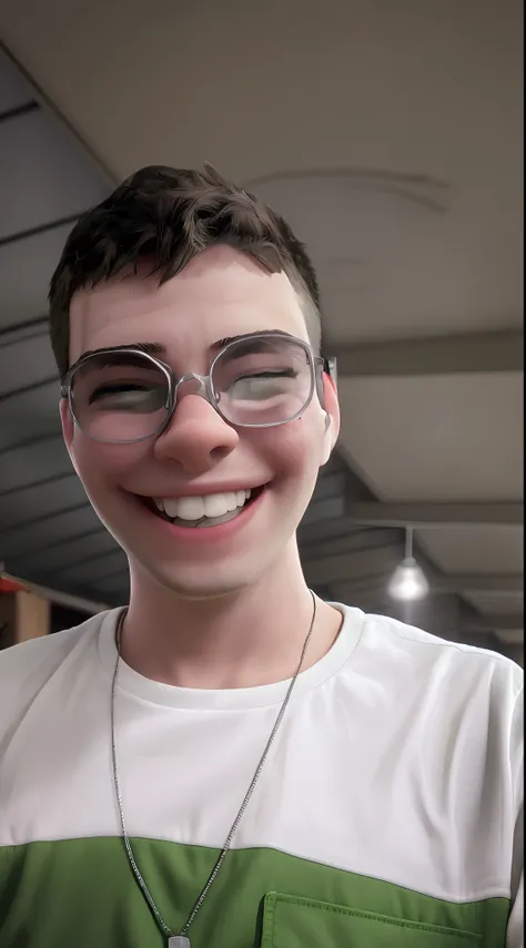 smiling boy wearing glasses and a green and white shirt, slight nerdy smile, giddy smirk, insane smile, very slightly smiling, smiling slightly, jewish young man with glasses, cute slightly nerdy smile, he is smiling, very huge smile, slightly smiling, ver...