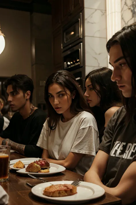 Hyper realistic, ultra detailedfaces. group of models sitting to eat in fanelli cafe soho NYC, wearing fear of god style streetwear, loose, oversized t-shirt, fashion photoshoot,