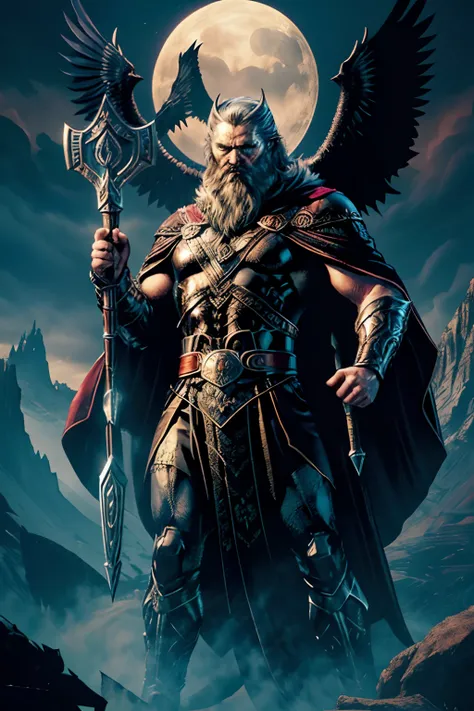 Create an iconic representation of Odin, the Norse god of wisdom and war. He is depicted as a majestic elder with a long cloak and hood, holding his symbol, the Gungnir staff, and surrounded by ravens. His one sacrificed eye radiates knowledge and power. C...