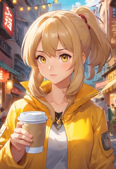 Woman wearing a yellow jacket holding a cup of coffee, extremely detailed artgerm, Anime girl drinking energy drink, سينا من League of Legends, Beautiful Brigitte from Overwatch, Brigitte of Ovrach, Ruan Jia and Artjlm, Trending Art Crime, Faye Valentine, ...