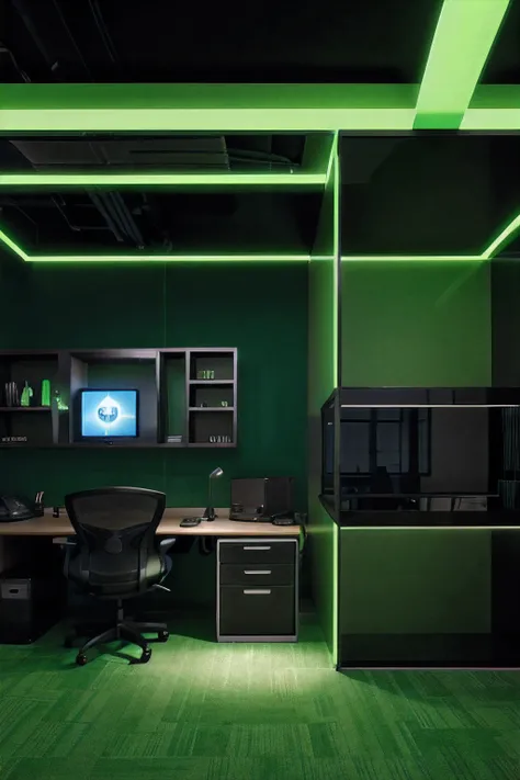 hitech office, Green Neon scene, cyber, background, no character