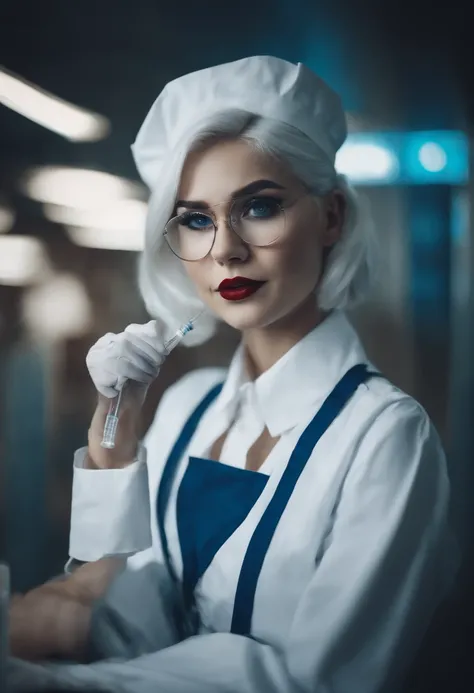 Cyberpunk style lolita glasses girl white hair blue eyes tight nurse uniform white stockings white high heels holding an injection syringe in her hand with a soothing smile on her face