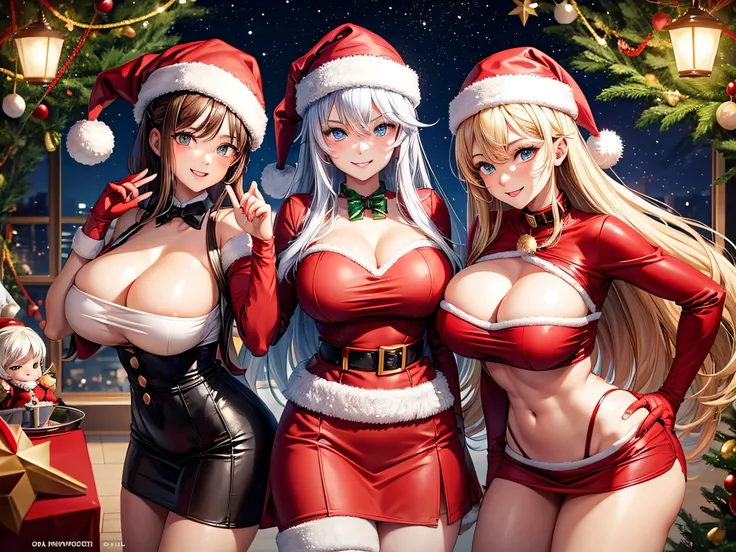 Santa, with a smile n his face, staring at 3 beautifully sexy girls wearing very short skirts and revealing tops, with enormous tits.