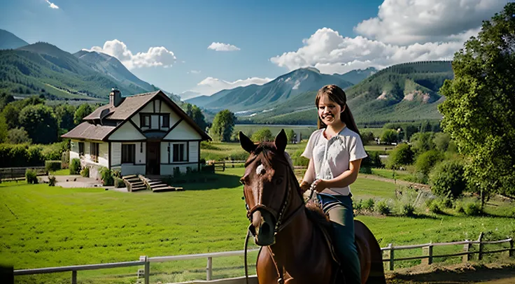 HDR style, american, happy face, 6 years old girl, horse riding, waterfall, green fields, sunny, mountains, house