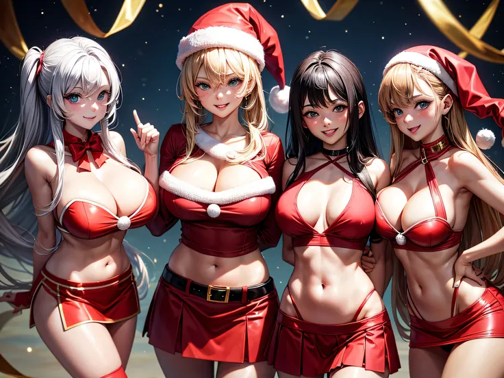 Santa, with a smile n his face, staring at 3 beautifully sexy girls wearing very short skirts and revealing tops, with enormous tits.