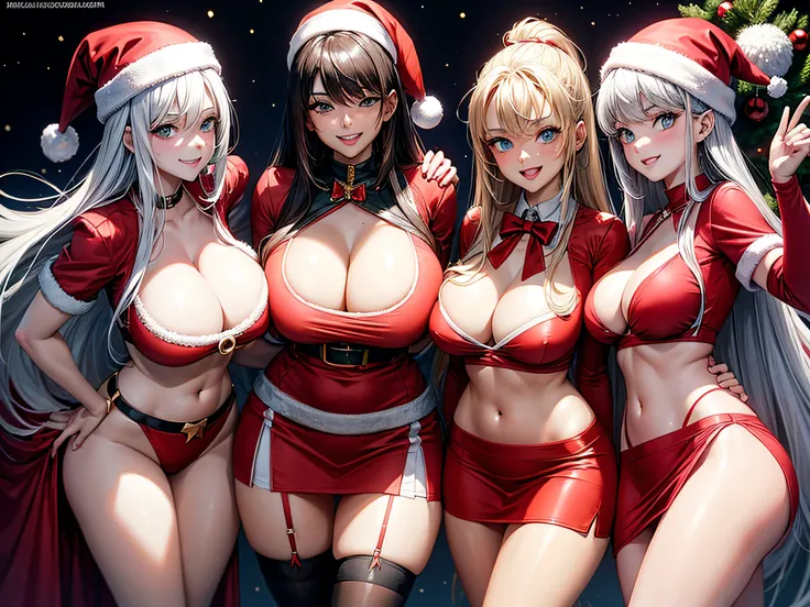 Santa, with a smile n his face, staring at 3 beautifully sexy girls wearing very short skirts and revealing tops, with enormous tits.