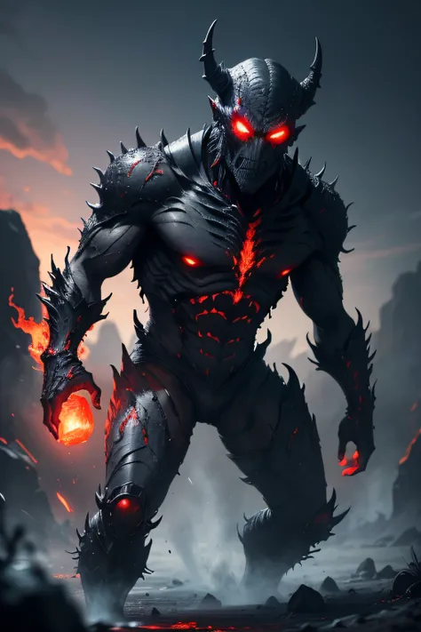 A realy realistic and detailed dark ice alien monster from  fire hell, with bright red eyes, a frightening and monstrous look. His clothes are torn and bear traces of his recent battles, the ground is made of molten lava.