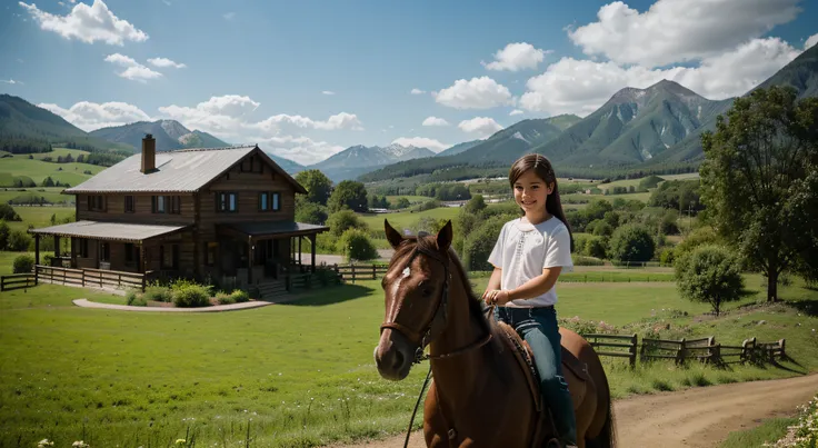 HDR style, american, happy, 6 years old girl, horse riding, waterfall, green fields, sunny, mountains, house